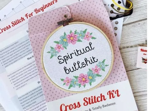 Cross stitch design with the words B.S in a loopy font. There are pink and blue flowers above and below the words