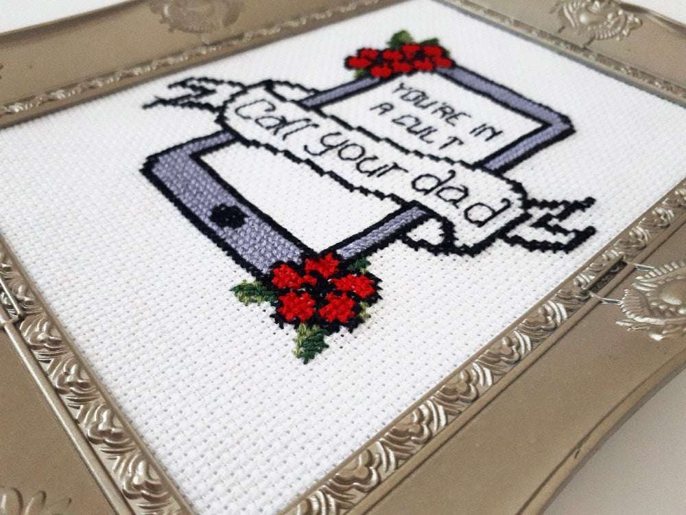 You’re In A Cult, Call Yor Dad -Cross Stitch Kit And Pattern
