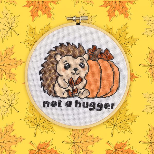 Funny hedgehog cross stitch design with pumpkin, from Curious Twist’s Sweet and Salty Collection.